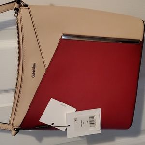 Calvin Klein red and tan leather shoulder bag